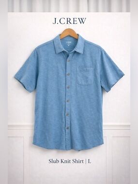 J.Crew Slub Knit Cotton Button Up Polo Blue Short Sleeve Shirt Size L